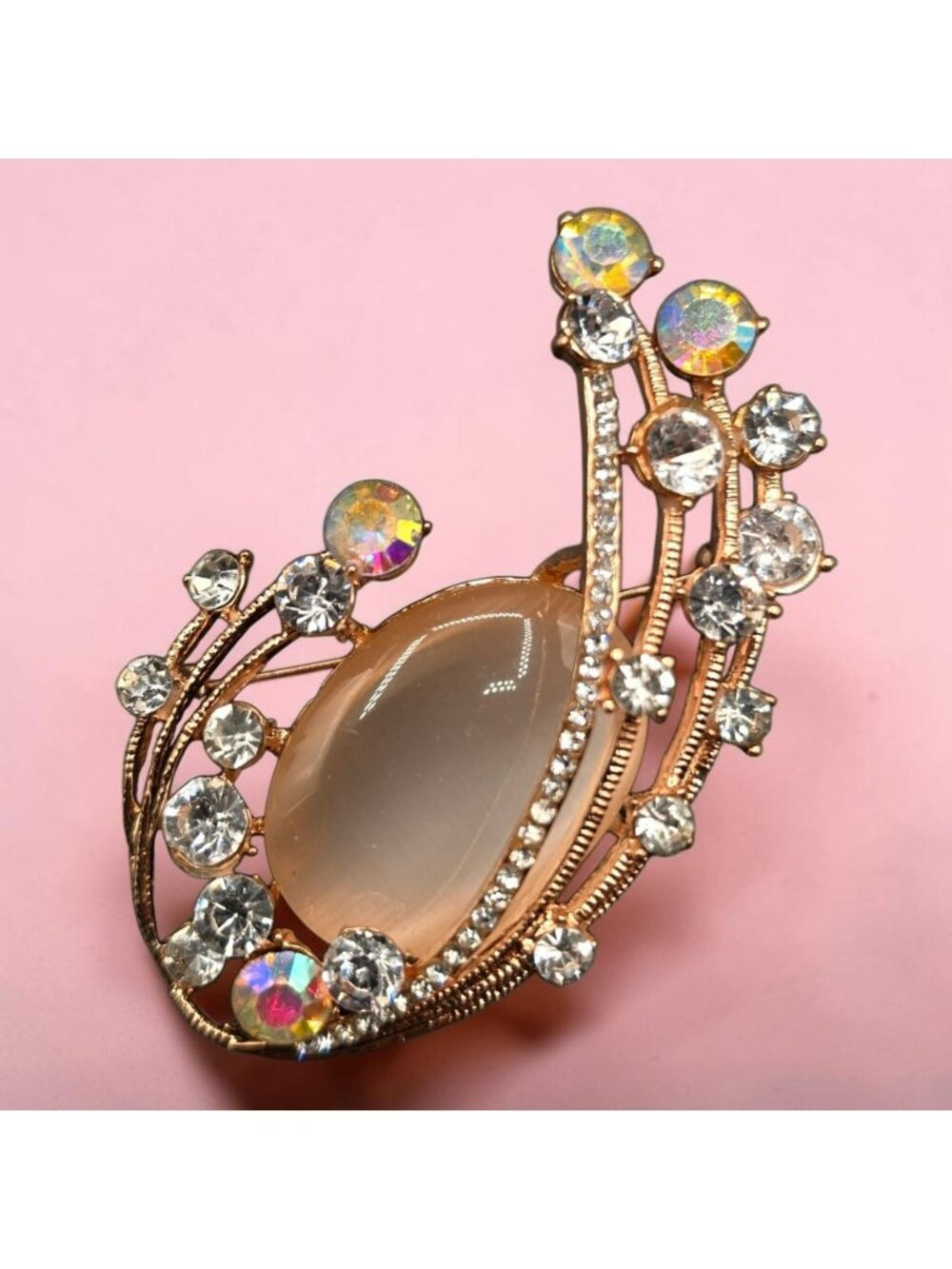 Vintage SY Gold-Tone Brooch Faux Glass Moonstone Rhinestones Elegant Costume